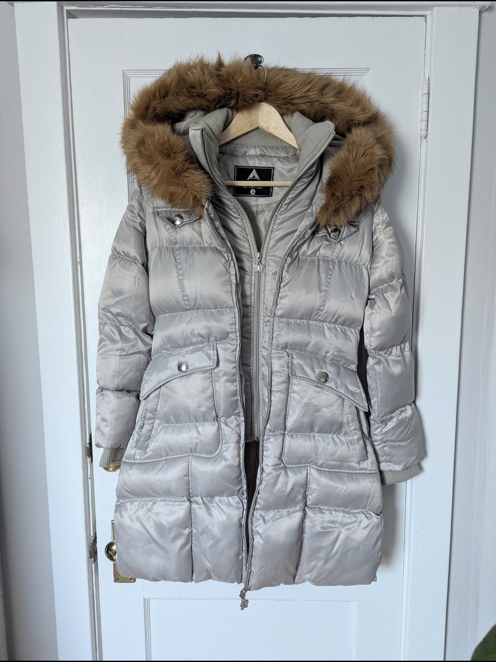 Addiction Light Gray Quilted Puffer Coat with Faux Fur Hood